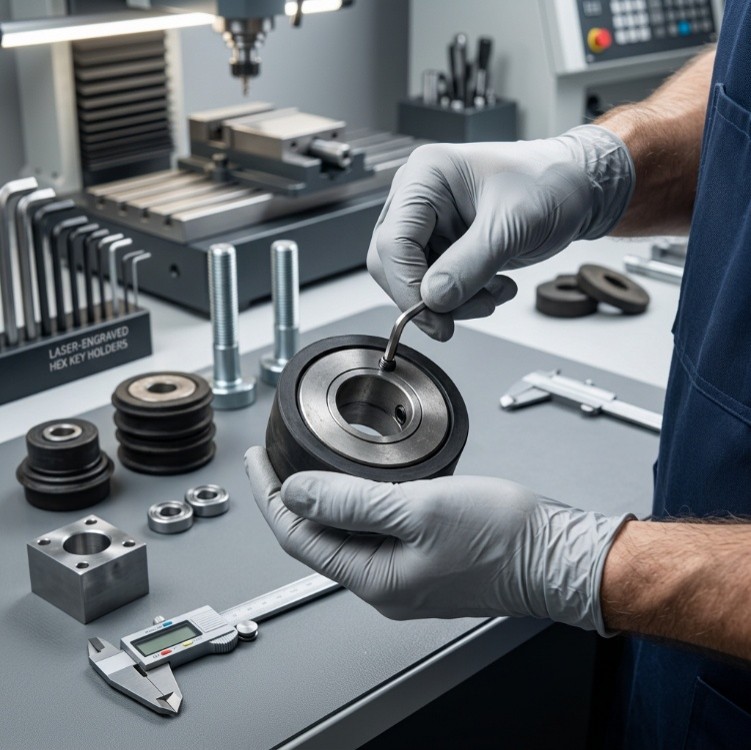 *Technician from JABE carrying out a visual control of rubber-to-metal part